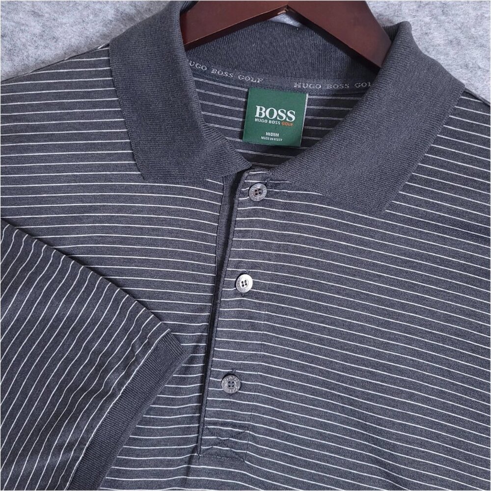 HUGO BOSS Golf Polo Shirt Mens Medium Gray Short Sleeve Embroidered Italy Casual